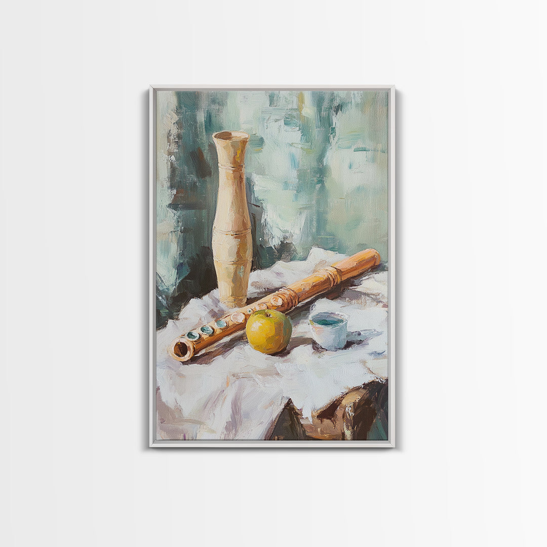 Wooden Flute Vase And Lemon Still Life Wall Art, Music Room Canvas Print, Boho Kitchen Decor, Rustic Instrument Art Gift