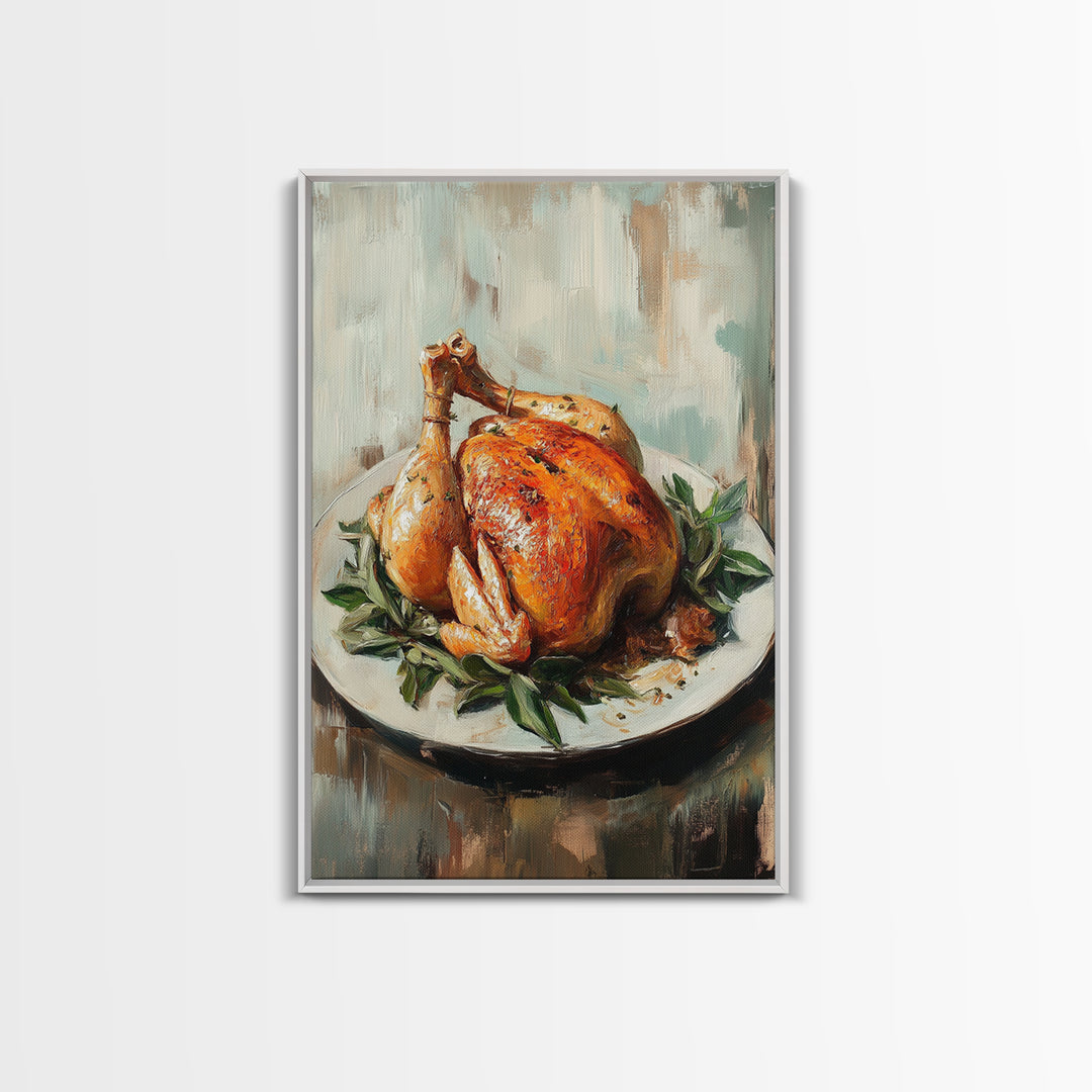 Roast Chicken With Herbs On Platter Wall Art, Rustic Kitchen Canvas Print, Farmhouse Dining Room Decor, Foodie Gift For Chef