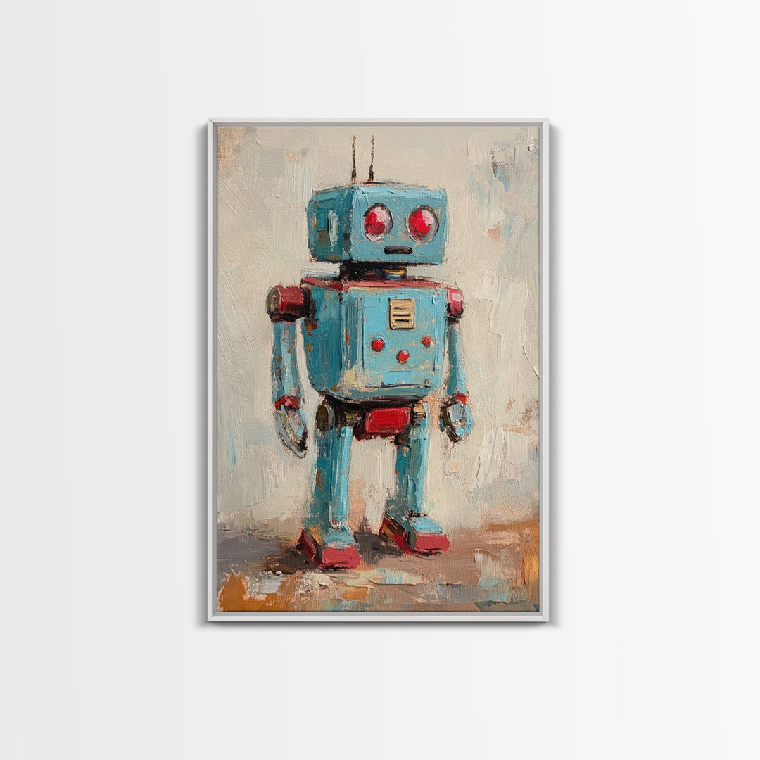 Whimsical Blue Toy Robot Oil Painting, Canvas Print For Kids Room Decor, Robot Wall Art, Sci Fi Nursery Art Gift, Modern Home Decor