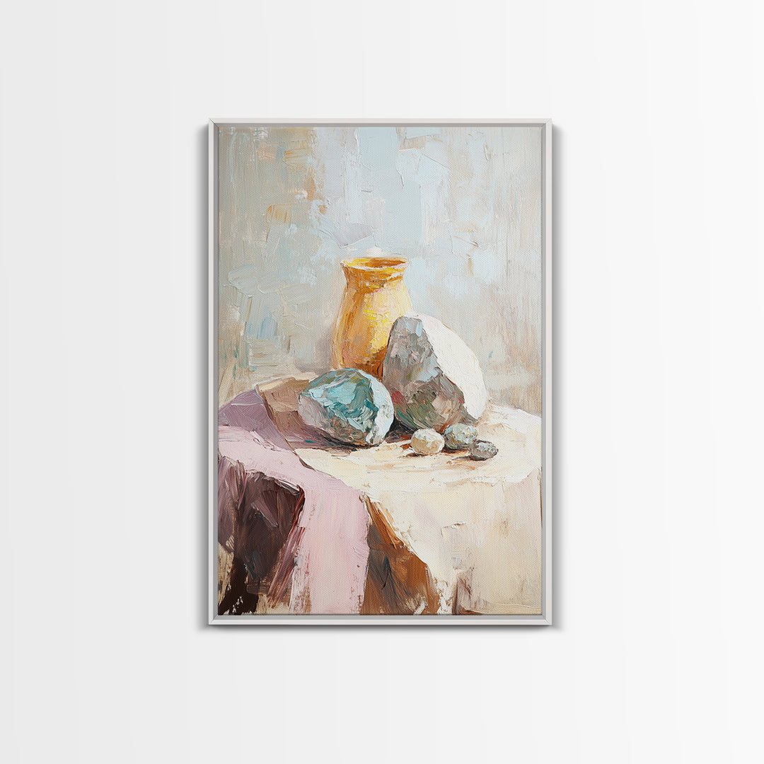 Neutral Stone And Amber Vase Still Life, Canvas Print For Minimalist Wall Art, Wabi Sabi Decor, Modern Home Decor, Fine Art Print