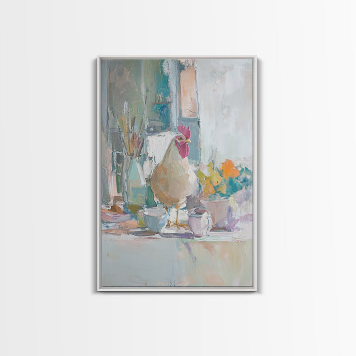 Charming Rooster On Kitchen Counter Painting, Canvas Print For Farmhouse Kitchen Wall Art, Rustic Country Decor, Chef Gift