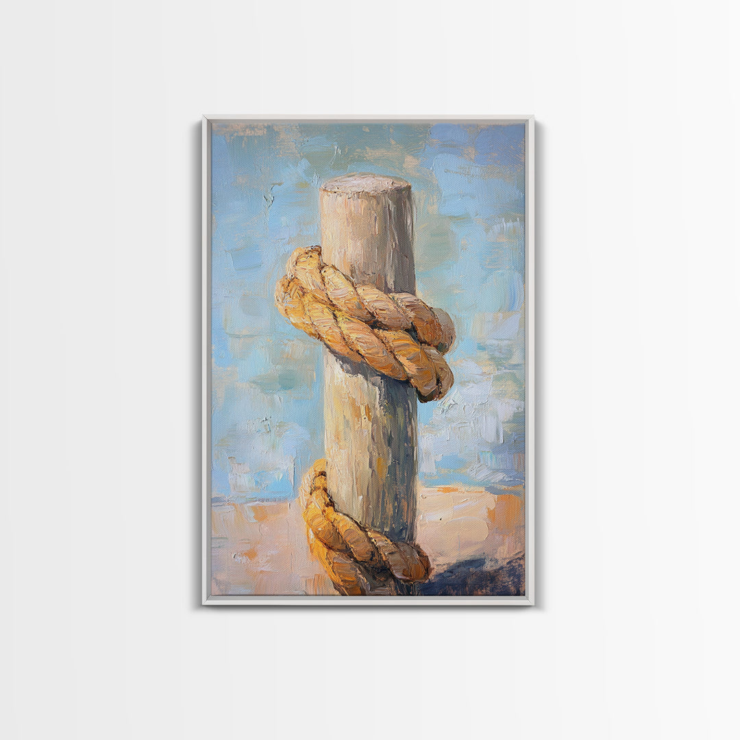 Thick Nautical Rope Around Weathered Dock Post, Framed Canvas Print For Coastal Wall Art, Beach House Decor, Lake House Gift