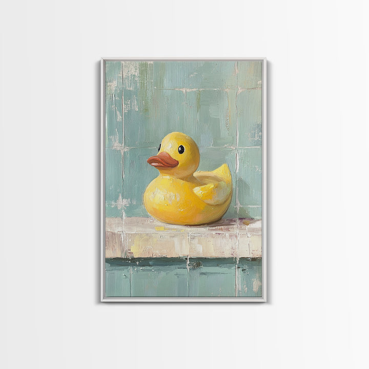 Bright Yellow Rubber Duck On Aqua Tile Painting, Canvas Print For Bathroom Wall Art, Funny Bathroom Decor, Kids Room Gift