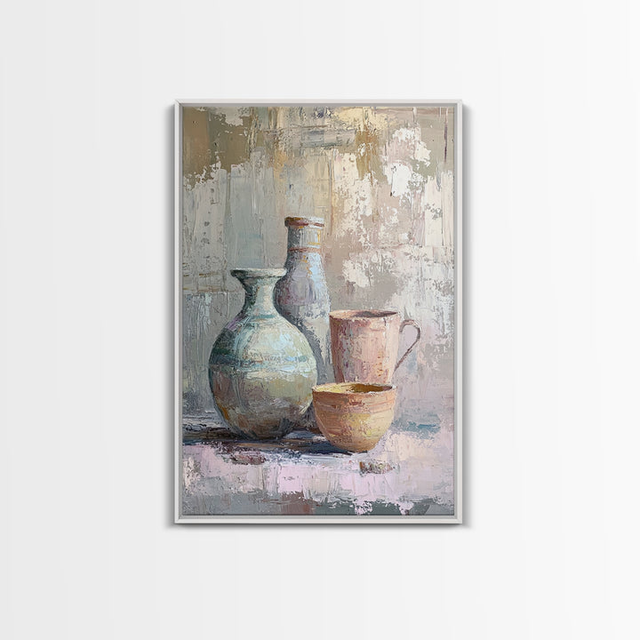 Textured Ceramic Vessels And Tea Cups Canvas Print, Neutral Kitchen Wall Art, Rustic Home Decor, Still Life Art Print Gift