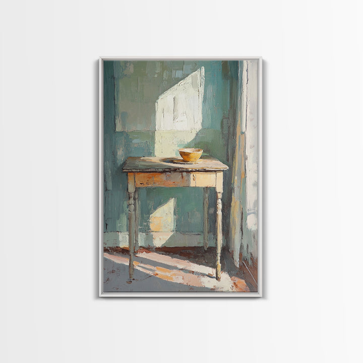 Sunlit Wooden Table With Orange Bowl Framed Canvas Print, Minimalist Wall Art, Japandi Decor, Neutral Home Decor Gift For Her