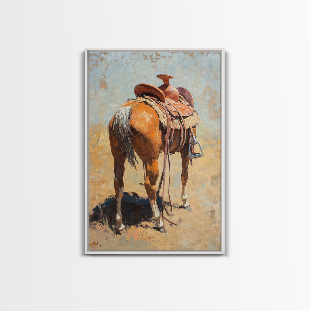 Saddled Chestnut Horse Western Canvas Print, Rustic Cowboy Wall Art, Equestrian Home Decor, Farmhouse Ranch Gift For Horse Lovers