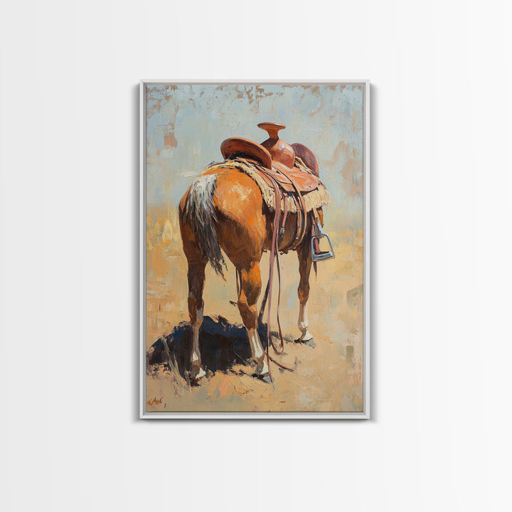 Saddled Chestnut Horse Western Canvas Print, Rustic Cowboy Wall Art, Equestrian Home Decor, Farmhouse Ranch Gift For Horse Lovers