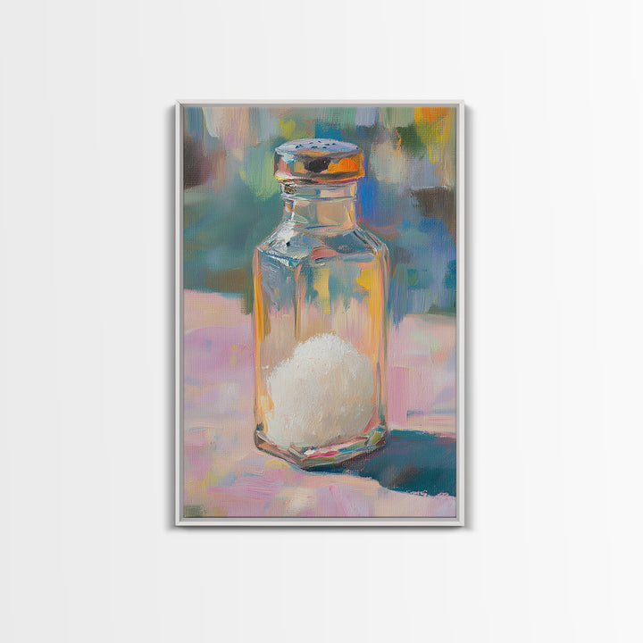 Colorful Glass Salt Shaker Canvas Print, Modern Kitchen Wall Art, Bright Still Life Painting, Dopamine Home Decor Gift Idea
