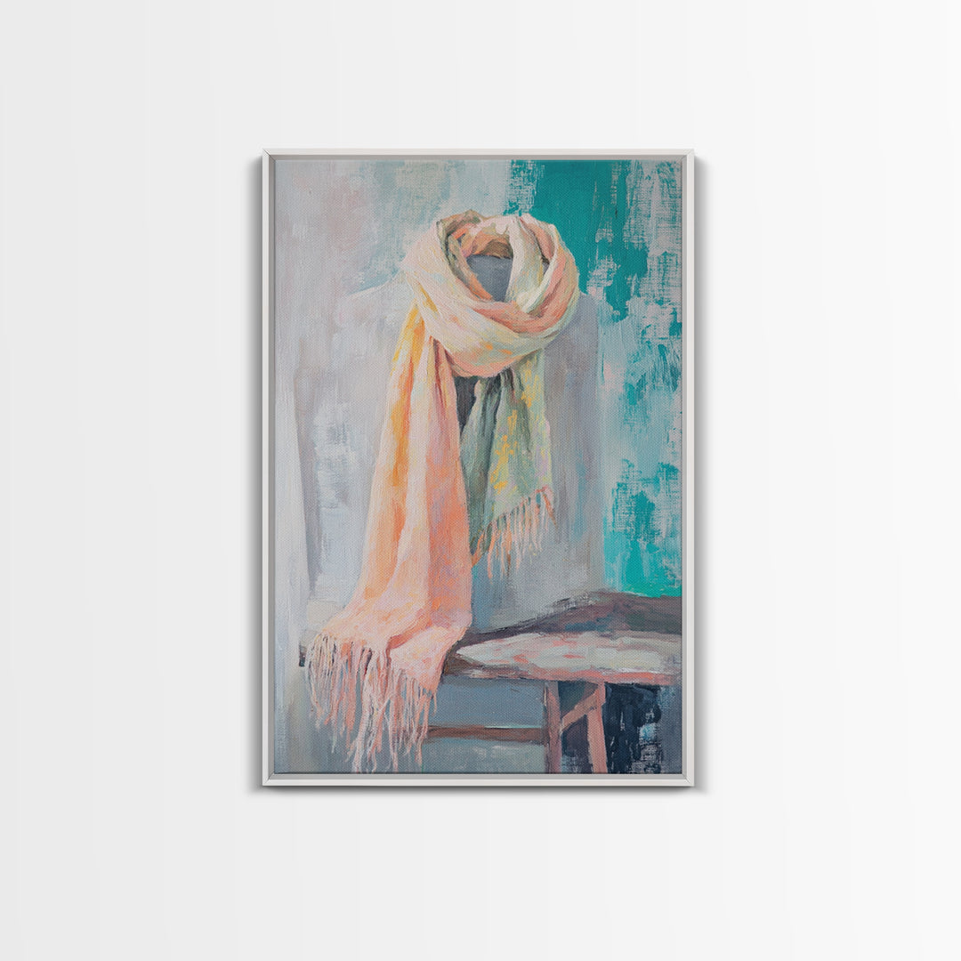 Soft Pastel Scarf On Dress Form Canvas Print, Feminine Wall Art, Fashion Studio Decor, Chic Neutral Bedroom Art Gift For Her