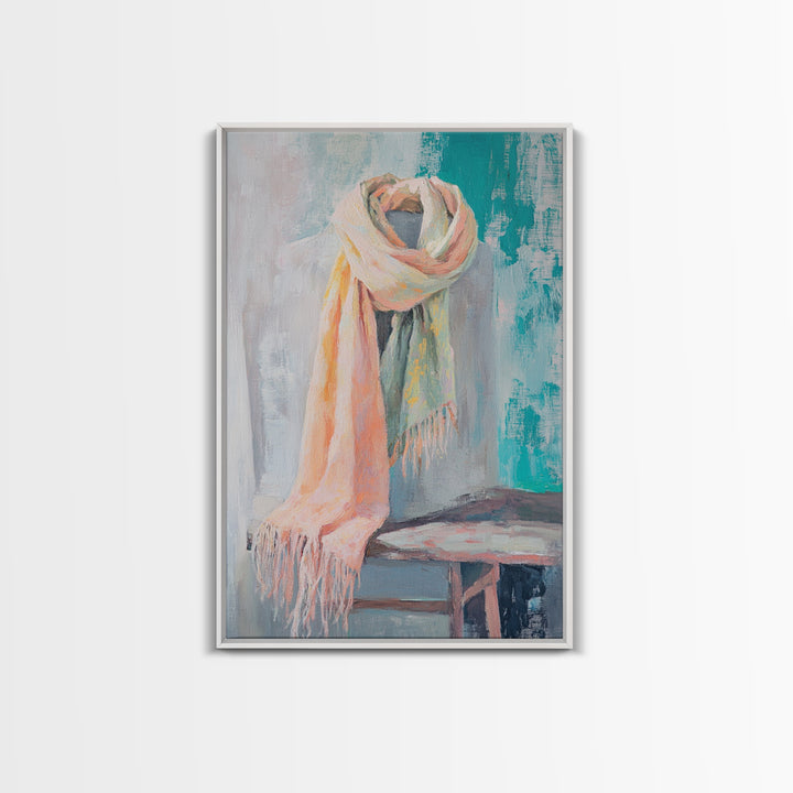 Soft Pastel Scarf On Dress Form Canvas Print, Feminine Wall Art, Fashion Studio Decor, Chic Neutral Bedroom Art Gift For Her