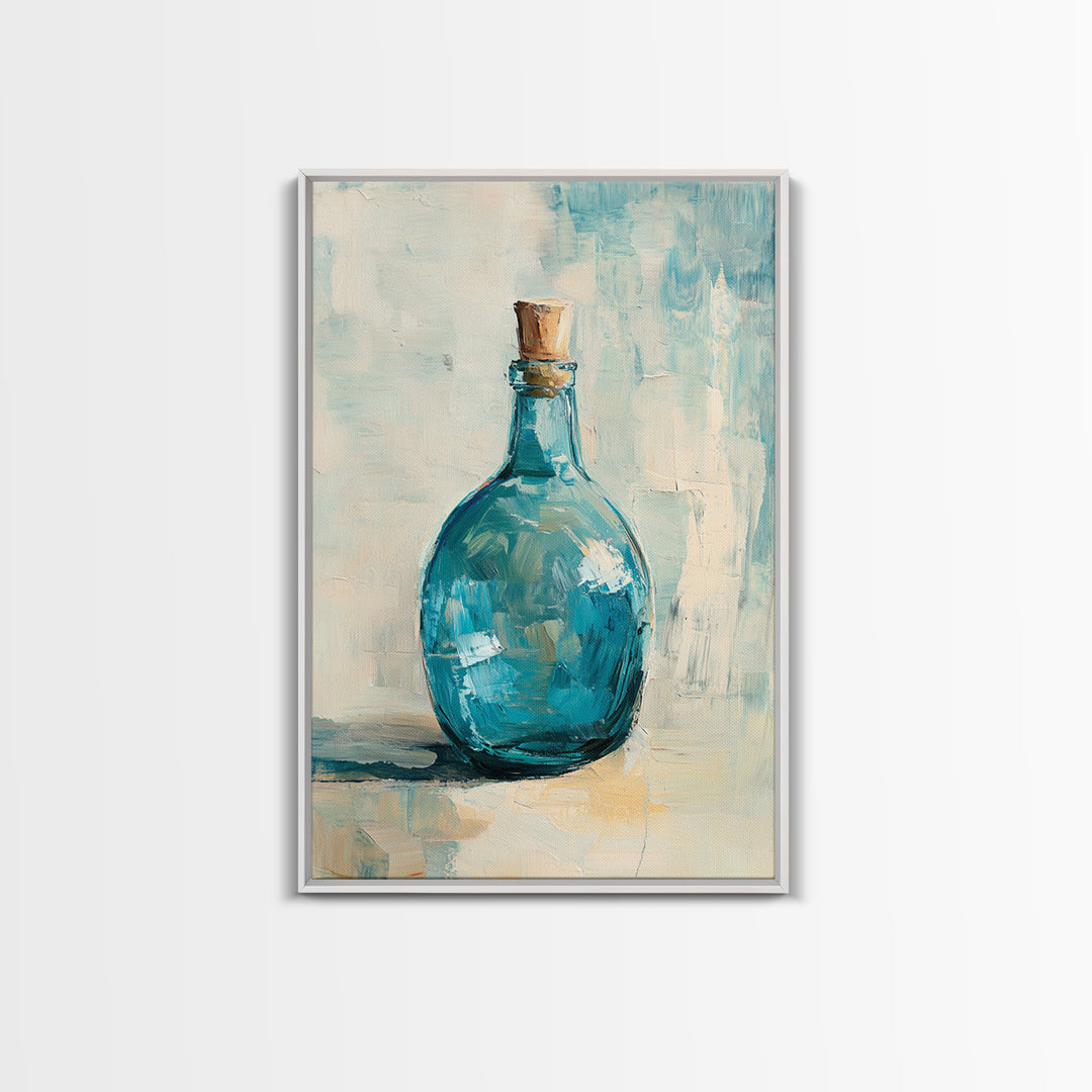 Turquoise Glass Bottle With Cork Canvas Print, Coastal Wall Art, Minimal Still Life Painting, Blue Bathroom Home Decor Gift