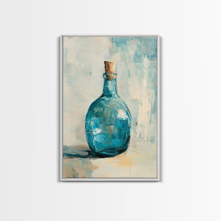 Turquoise Glass Bottle With Cork Canvas Print, Coastal Wall Art, Minimal Still Life Painting, Blue Bathroom Home Decor Gift