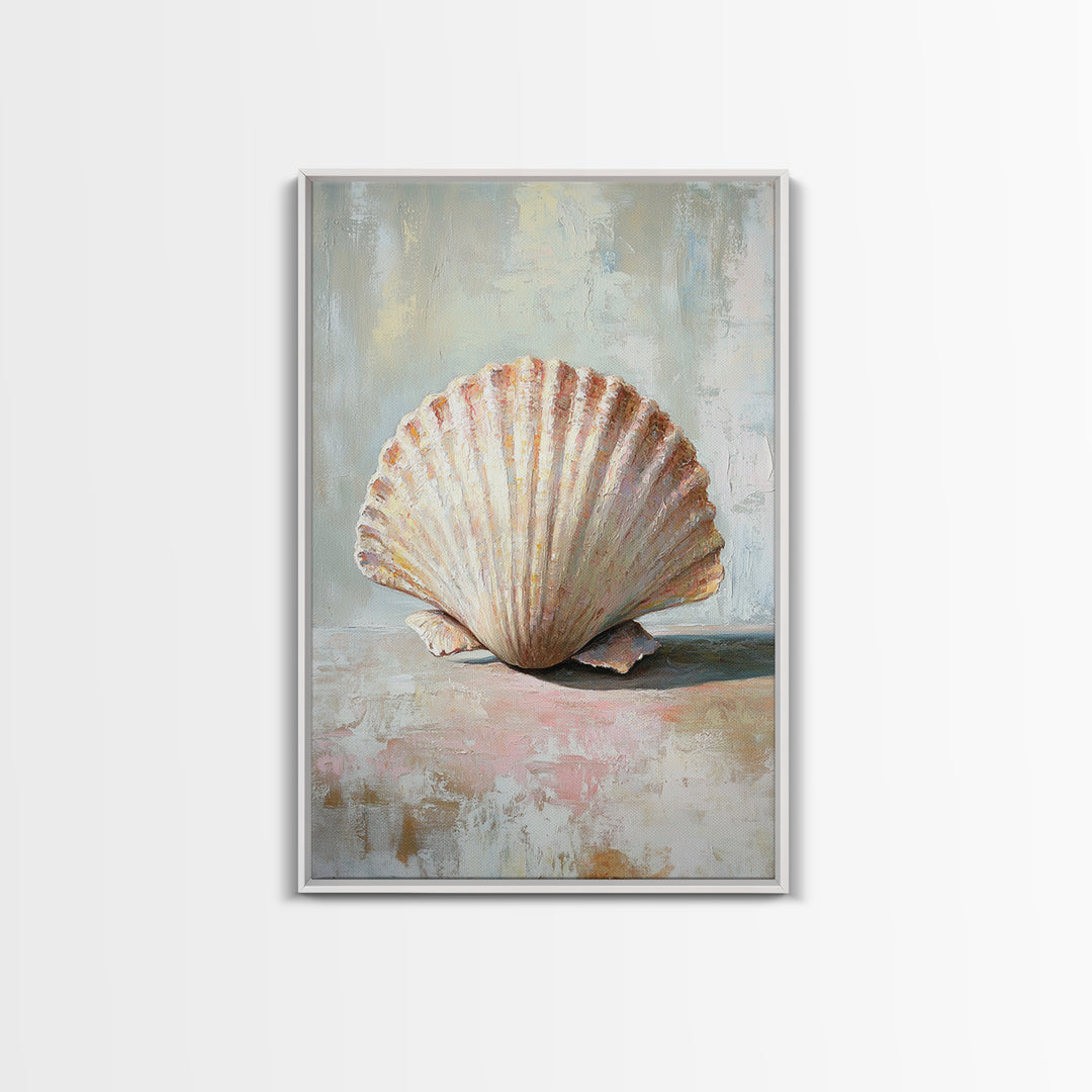 Textured Scallop Shell Still Life Wall Art, Coastal Beach House Decor, Seashell Painting, Neutral Bathroom Wall Decor, Spa Art