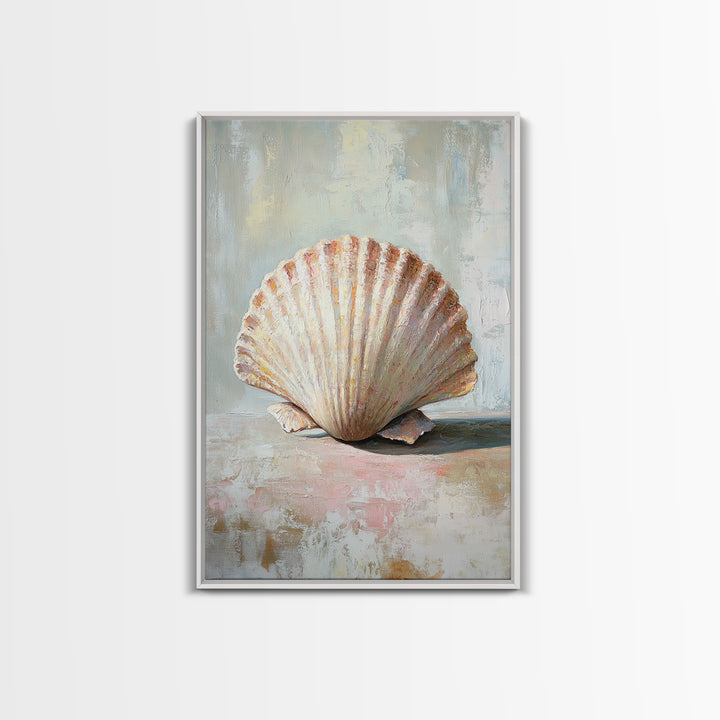 Textured Scallop Shell Still Life Wall Art, Coastal Beach House Decor, Seashell Painting, Neutral Bathroom Wall Decor, Spa Art