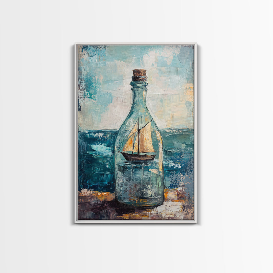 Ship In A Bottle Nautical Canvas Print, Coastal Wall Art, Sailboat Seascape, Ocean Decor, Beach House Statement Artwork Print
