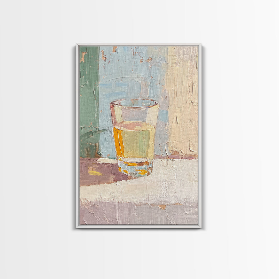Minimal Glass Of Golden Tea Still Life Wall Art, Neutral Kitchen Decor, Modern Rustic Canvas Print, Soft Abstract Painting
