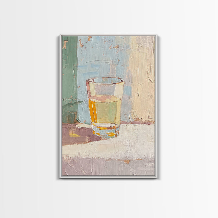 Minimal Glass Of Golden Tea Still Life Wall Art, Neutral Kitchen Decor, Modern Rustic Canvas Print, Soft Abstract Painting