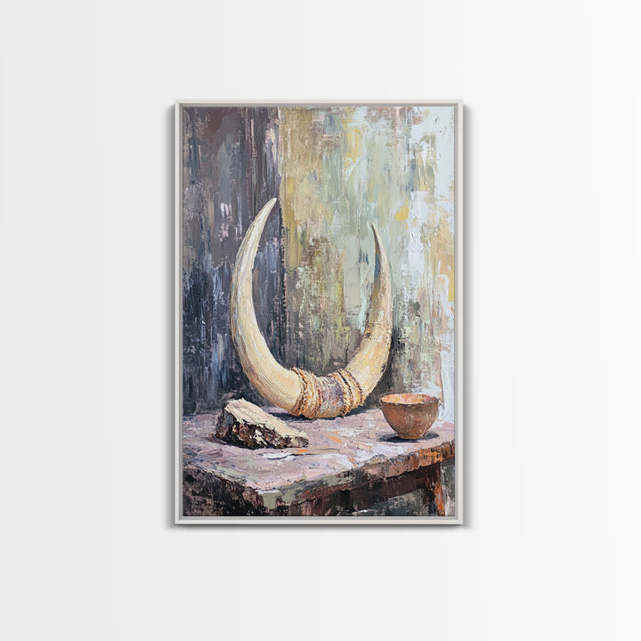 Curved Ivory Horn And Rustic Bowl Still Life Framed Canvas Print, African Inspired Wall Art, Tribal Decor, Moody Neutral Art