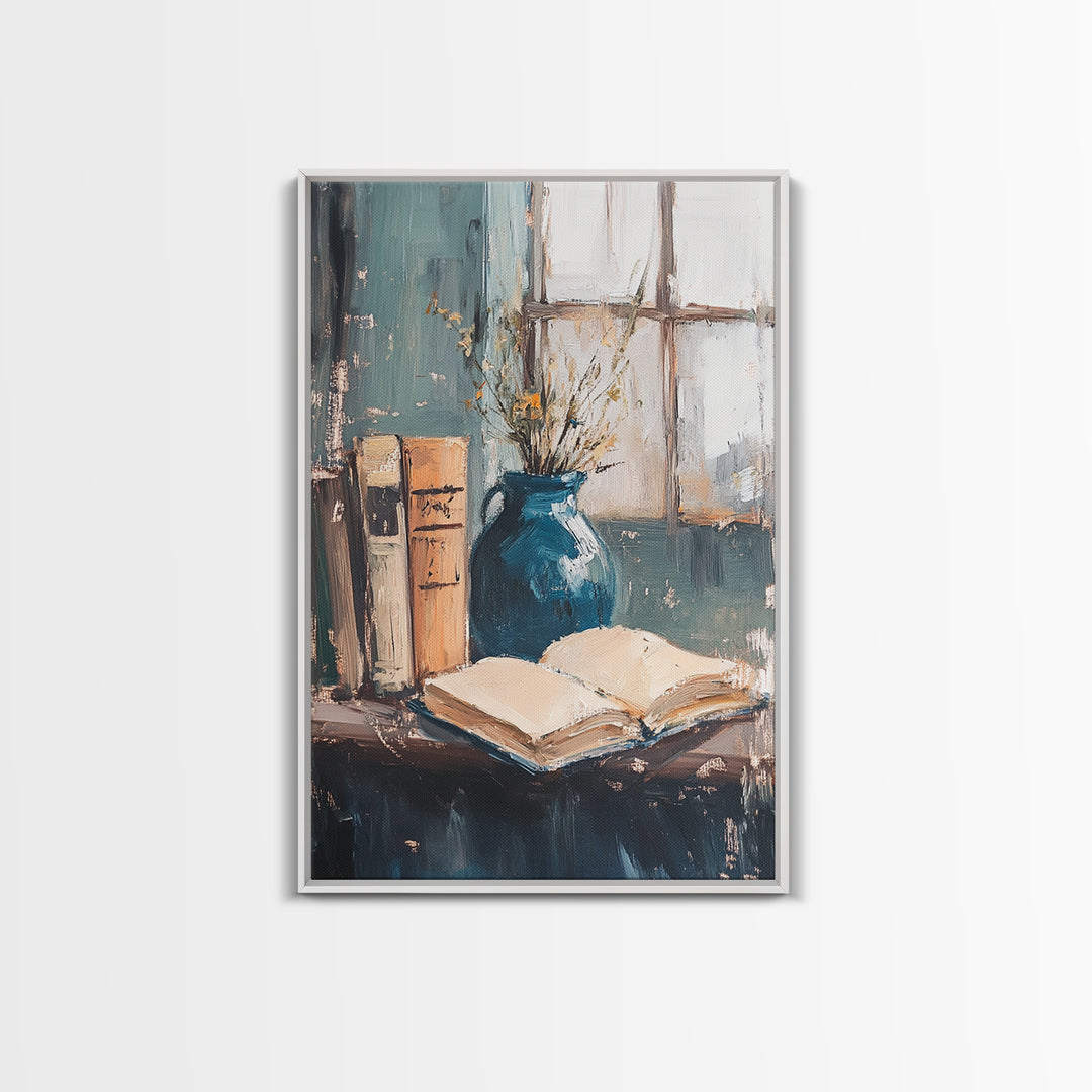 Open Book And Blue Vase Wall Art, Cozy Library Still Life, Dark Academia Decor, Reading Nook Art Print, Home Office Decor