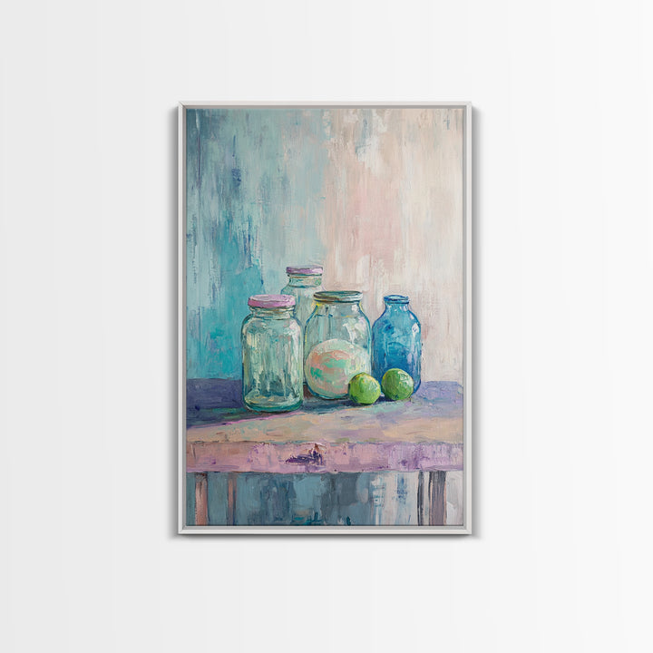 Glass Jars With Limes Still Life Wall Art, Colorful Kitchen Decor, Modern Farmhouse Canvas Print, Dining Room Art Gift Idea