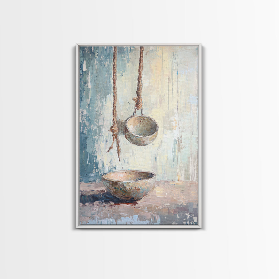 Hanging Ceramic Bowls Wall Art, Wabi Sabi Still Life Canvas Print, Neutral Rustic Kitchen Decor, Japandi Wall Decor Gift