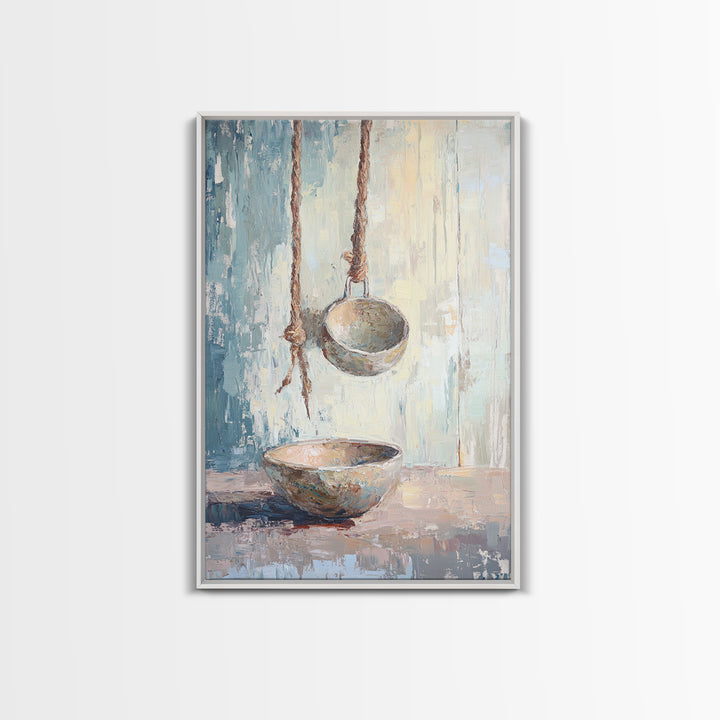 Hanging Ceramic Bowls Wall Art, Wabi Sabi Still Life Canvas Print, Neutral Rustic Kitchen Decor, Japandi Wall Decor Gift