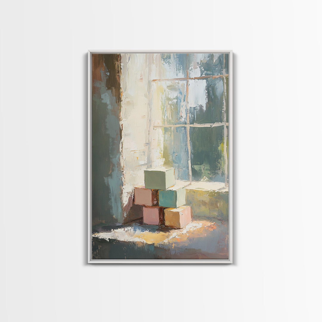 Pastel Wooden Blocks By Window Wall Art, Nursery Still Life Canvas Print, Kids Room Decor, Playroom Wall Art, Baby Gift Idea