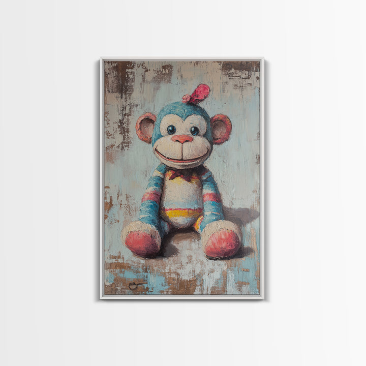 Whimsical Sock Monkey Canvas Print, Nursery Wall Art, Kids Room Decor, Cute Animal Art, Baby Shower Gift, Playroom Decor