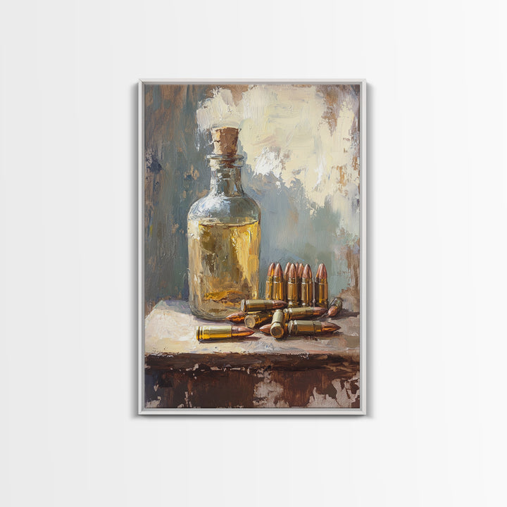 Amber Bottle And Brass Bullets Still Life Wall Art, Masculine Man Cave Decor, Rustic Office Print, Gift For Him, Moody Canvas
