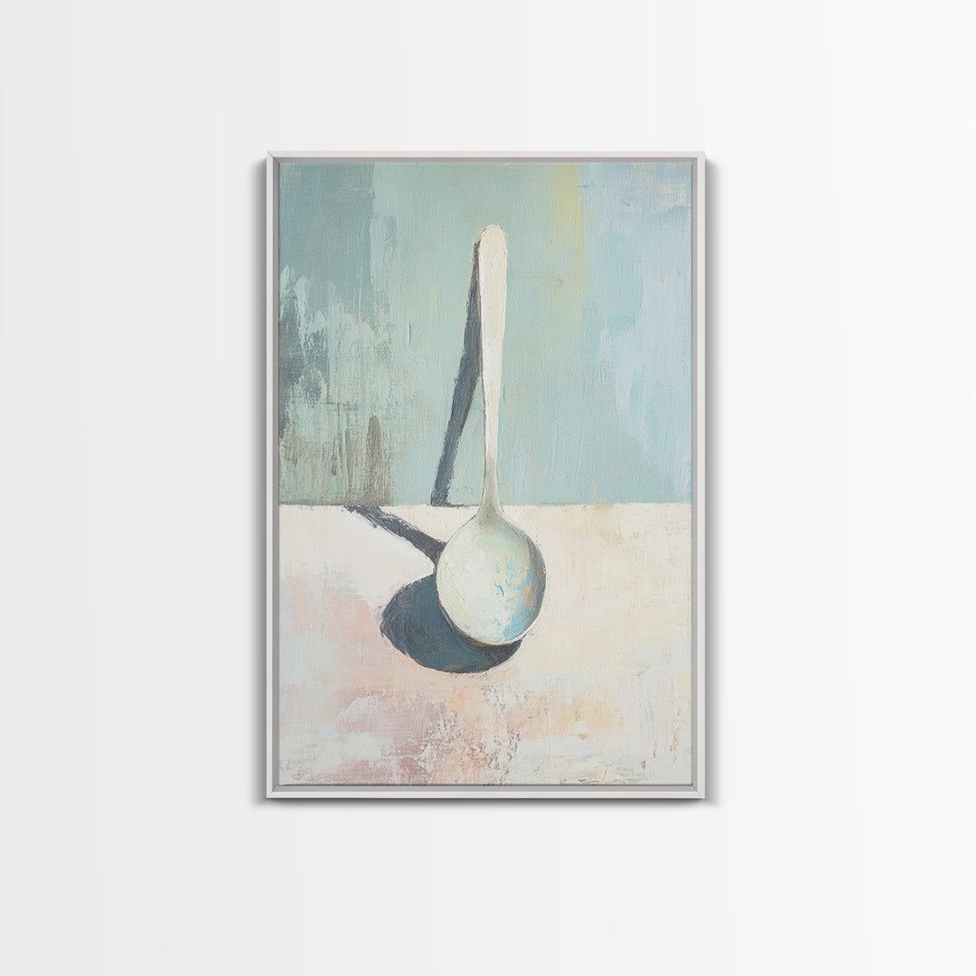Single White Spoon Minimal Still Life Wall Art, Blue Shadow Minimalist Decor, Neutral Kitchen Print, Modern Canvas Print