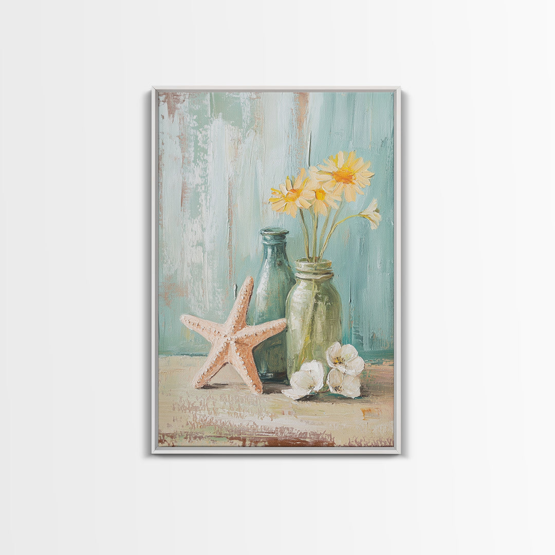Starfish Daisies And Sea Glass Bottles Coastal Wall Art, Beach House Decor, Floral Canvas Print, Summer Gift For Her, Bathroom Decor