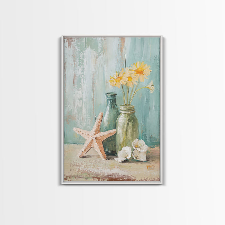 Starfish Daisies And Sea Glass Bottles Coastal Wall Art, Beach House Decor, Floral Canvas Print, Summer Gift For Her, Bathroom Decor