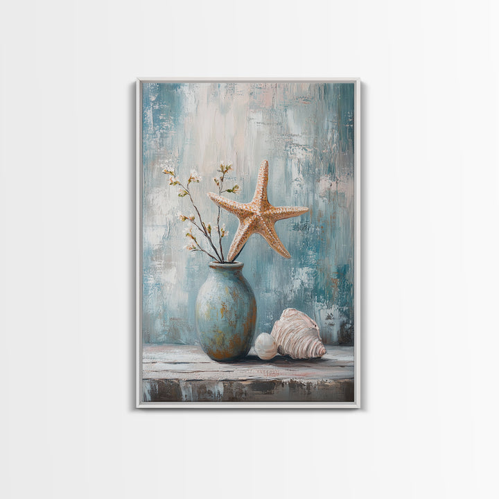 Orange Starfish Seashell And Blue Vase Coastal Wall Art, Nautical Beach Decor, Ocean Canvas Print, Serene Bathroom Art For Home