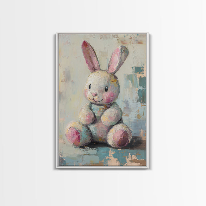 Plush Bunny Toy With Pink Ears Canvas Print, Whimsical Nursery Wall Art, Baby Girl Room Decor, Cute Animal Art, Baby Shower Gift