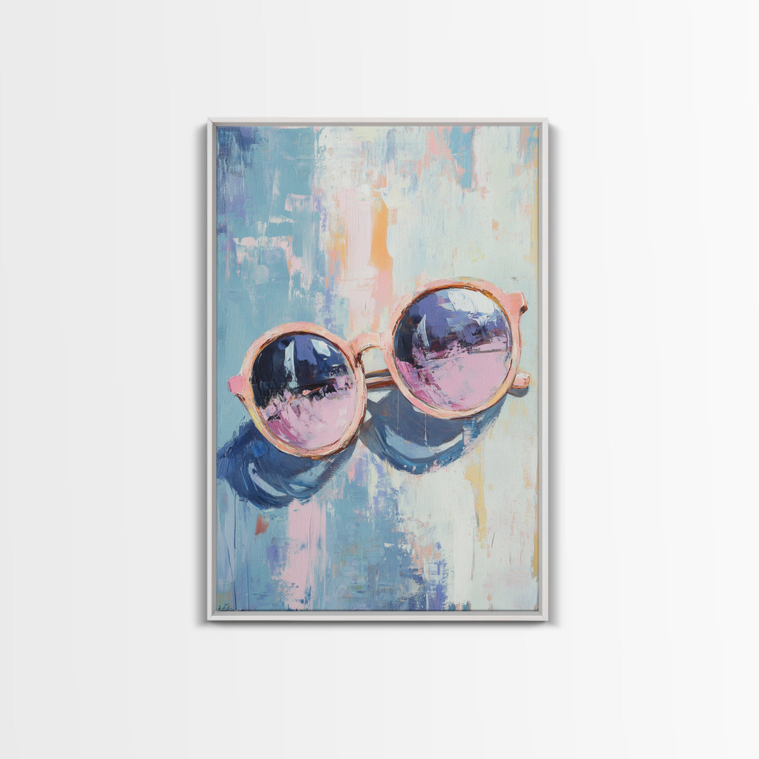 Pink Sunglasses On Blue Abstract Canvas Print, Fashion Wall Art, Dopamine Decor, Trendy Prints, Cool Girl Room Decor, Modern Wall Decor
