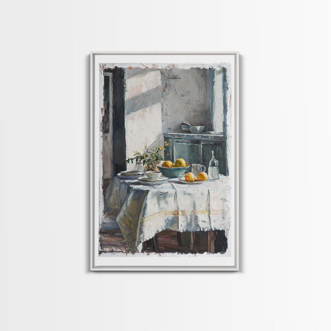 Sunlit Breakfast Table With Oranges Wall Art, Rustic Kitchen Decor, French Country Print, Still Life Art, Housewarming Gift