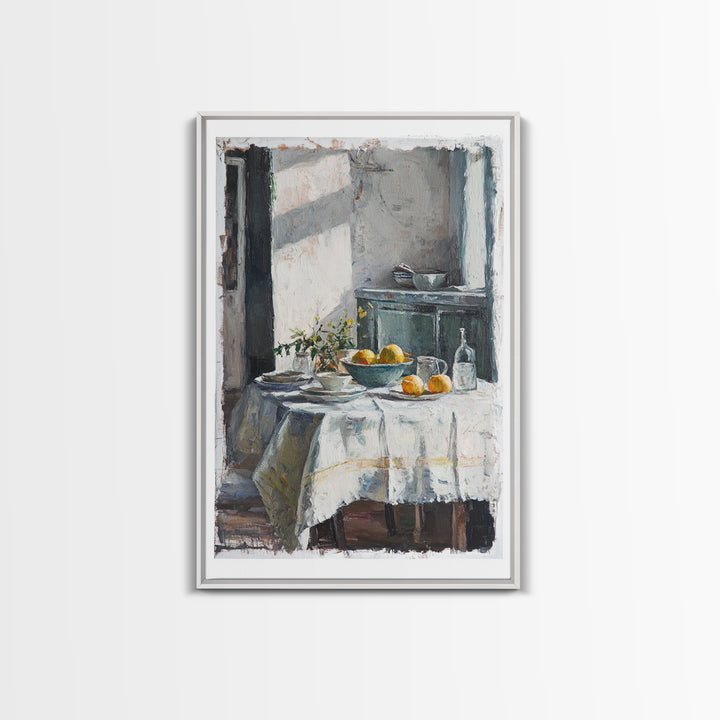 Sunlit Breakfast Table With Oranges Wall Art, Rustic Kitchen Decor, French Country Print, Still Life Art, Housewarming Gift