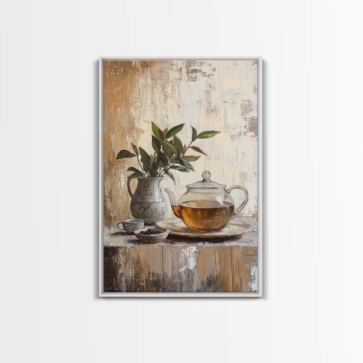Glass Teapot With Potted Green Leaves Framed Canvas Print, Rustic Kitchen Wall Art, Botanical Tea Still Life Home Decor, Gift