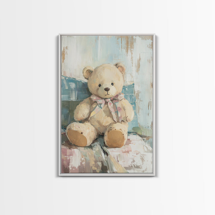 Cream Teddy Bear On Blue Pillow Framed Canvas Print, Nursery Wall Art, Kids Room Decor, Baby Shower Gift, Neutral Nursery Decor