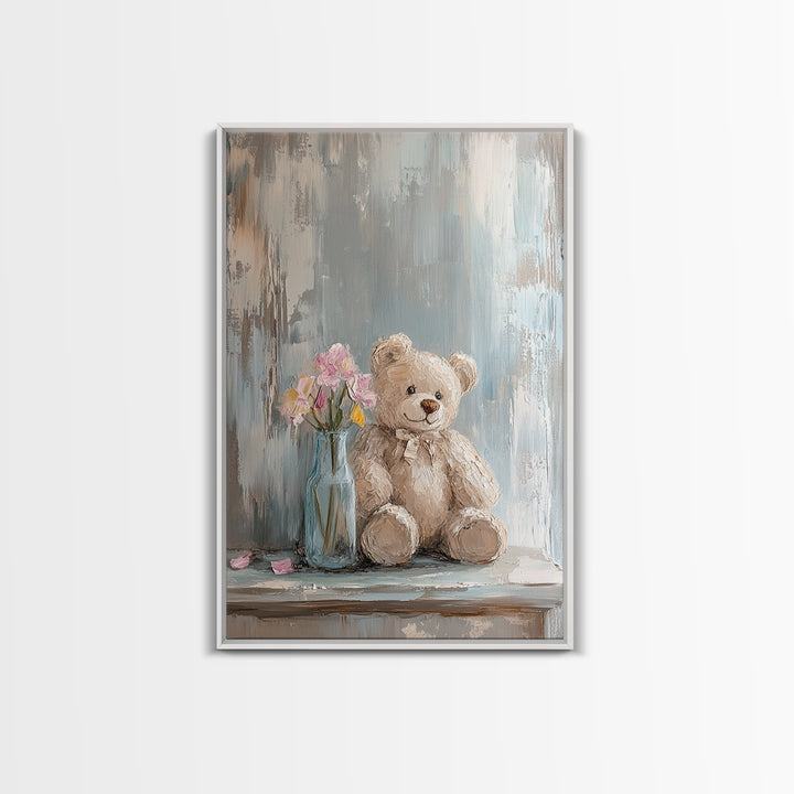Smiling Teddy Bear With Pink Flowers Wall Art, Nursery Decor, Kids Room Art, Baby Shower Gift, Whimsical Animal Print, Girl Nursery Decor