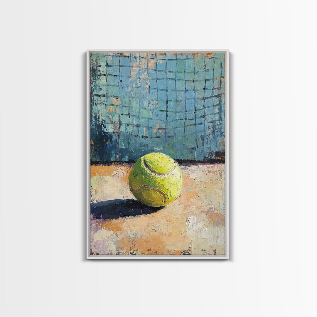 Bright Tennis Ball By Court Net Wall Art, Sports Room Decor, Game Room Art Print, Athletic Gift For Him, Home Gym Decor, Office Decor