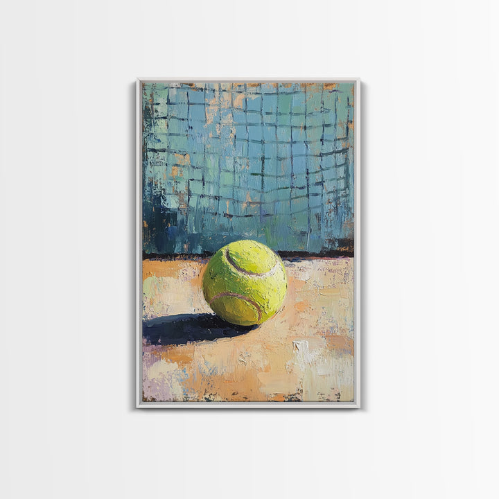 Bright Tennis Ball By Court Net Wall Art, Sports Room Decor, Game Room Art Print, Athletic Gift For Him, Home Gym Decor, Office Decor