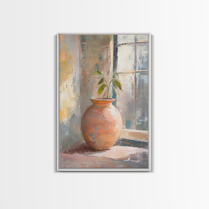 Terracotta Vase With Green Plant Framed Canvas Print, Rustic Botanical Wall Art, Neutral Home Decor, Entryway Wall Decor