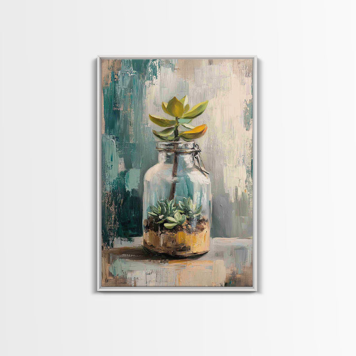 Succulent Terrarium In Glass Jar Wall Art, Botanical Canvas Print, Teal Still Life Decor, Plant Lover Housewarming Gift