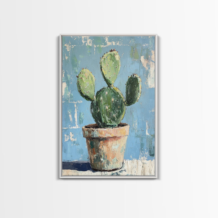 Prickly Pear Cactus In Clay Pot Wall Art, Desert Botanical Canvas Print, Southwest Decor, Plant Lover Housewarming Gift Idea