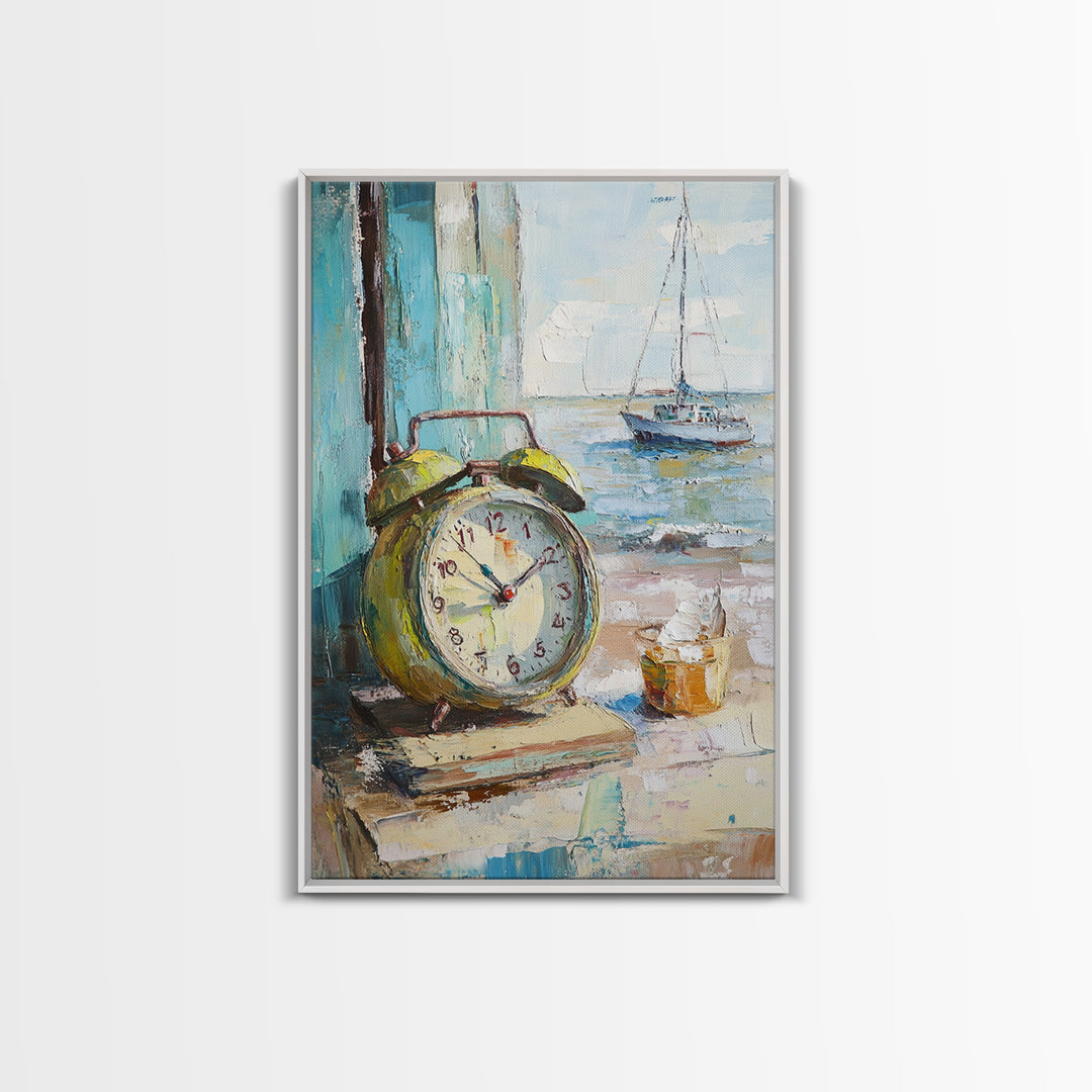 Nautical Alarm Clock Still Life Framed Canvas Print, Coastal Wall Art, Beach House Decor, Sailboat Ocean Art Print, Nautical Home Decor
