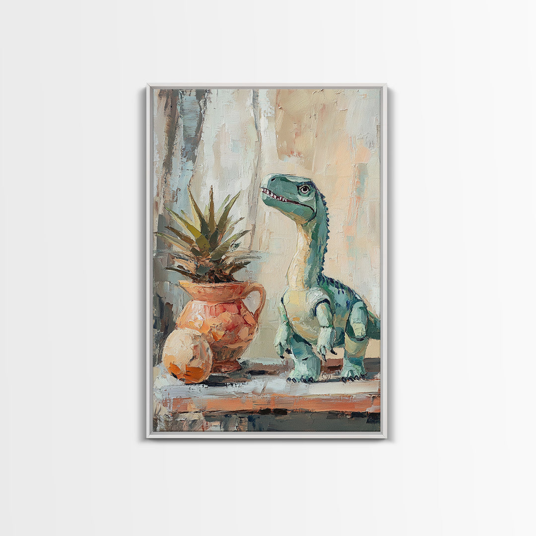 Cute Dinosaur And Potted Plant Canvas Print, Whimsical Animal Wall Art, Kids Room Decor, Nursery Art, Playroom Gift For Child Bedroom
