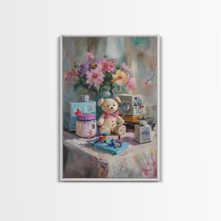 Teddy Bear Medical Kit Still Life Wall Art, Whimsical Nursery Decor, Doctor Office Art, Pediatric Room Canvas Print, Baby Shower Gift