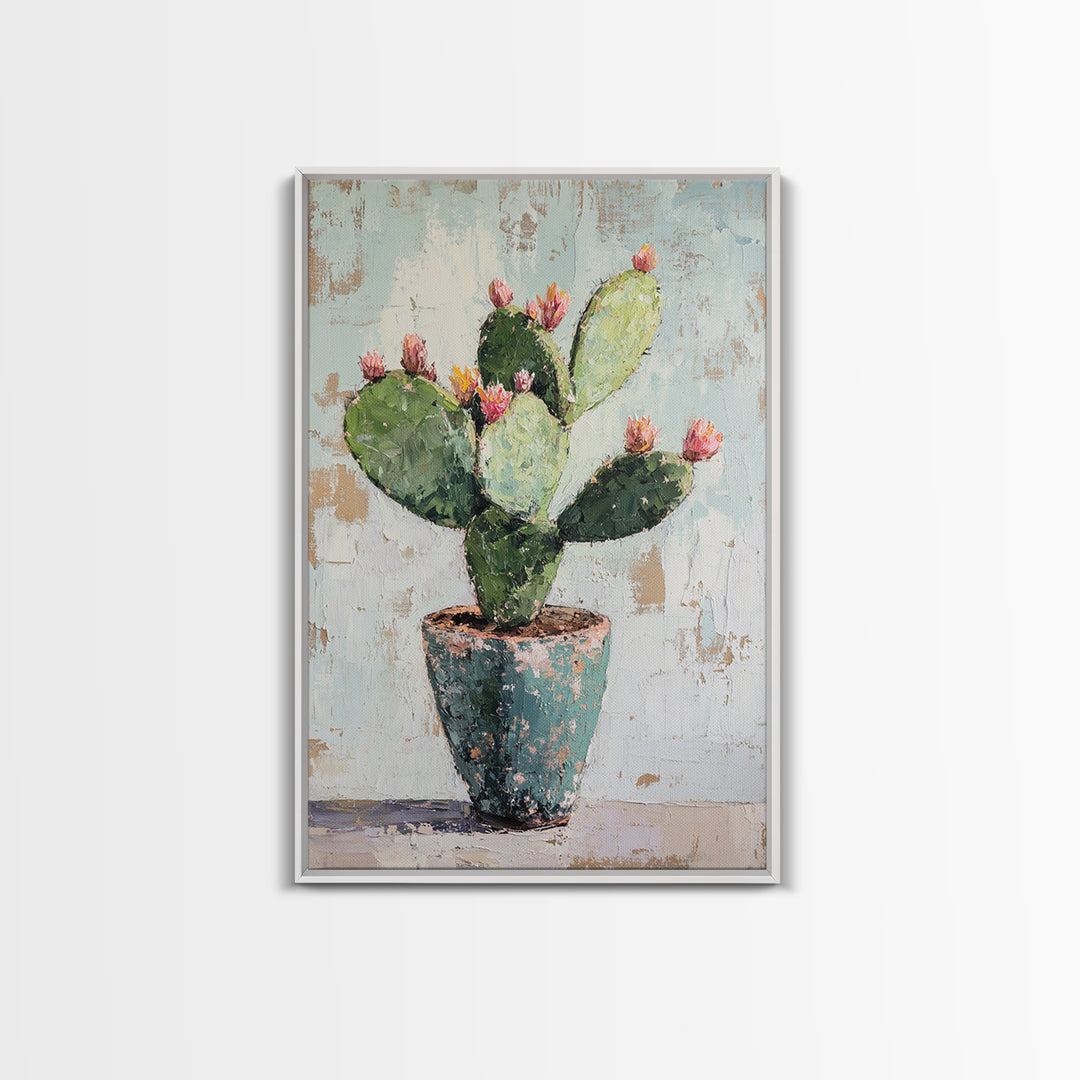 Prickly Pear Cactus In Rustic Pot Canvas Print, Desert Wall Art, Southwest Decor, Botanical Wall Decor, Plant Lover Gift