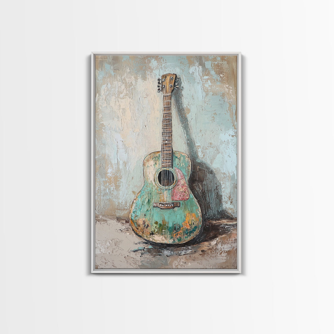 Weathered Turquoise Acoustic Guitar Canvas Print, Music Room Wall Art, Rustic Music Decor, Guitar Lover Gift, Studio Poster